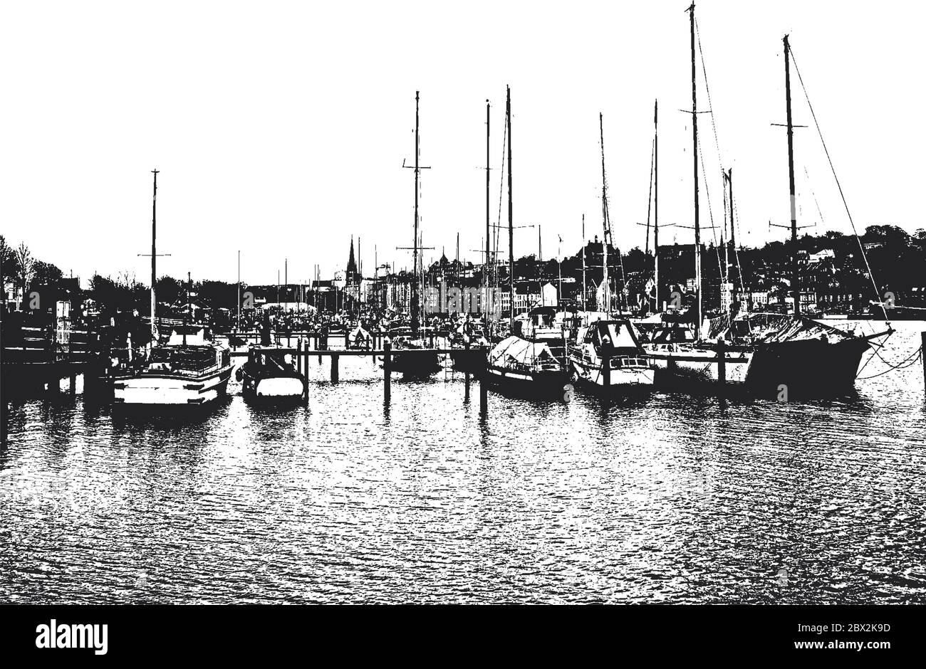 Liegeplatz für Yachten und Boote im Seehafen. Die Ozeanyachten sind sicher an der Pier des Passagierterminals des Hafens festgemacht. Vintage Hand gezeichnet V Stock Vektor