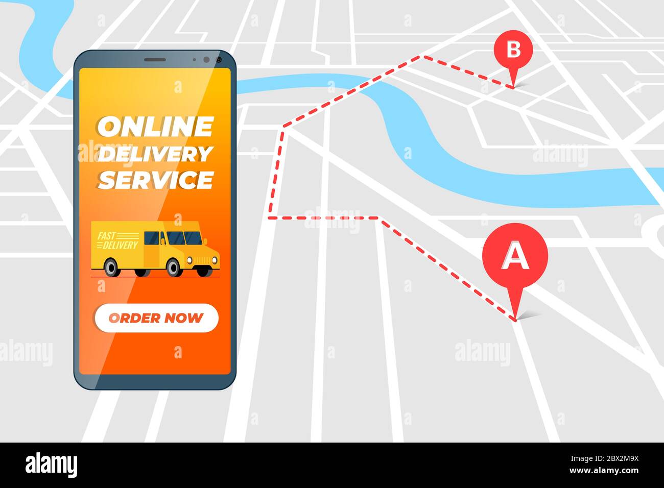 Lieferwagen Online-Bestellservice-App auf Smartphone-Bildschirm. Logistische Fracht mobile Kurier oder Fracht van Pakettransport mit Route Geotag gps Position PIN auf Stadtkarte Vektor flache Anwendung Stock Vektor