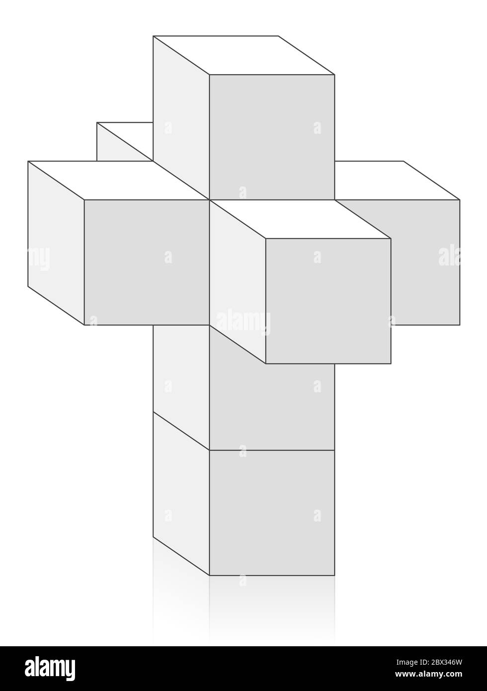 Tesseract, Hypercubus oder Octachoron in der 4. Dimension gefaltet, um ein 4D Hypercube Netz zu erhalten, ein spezielles mathematisches und geometrisches Thema mit acht Würfeln. Stockfoto