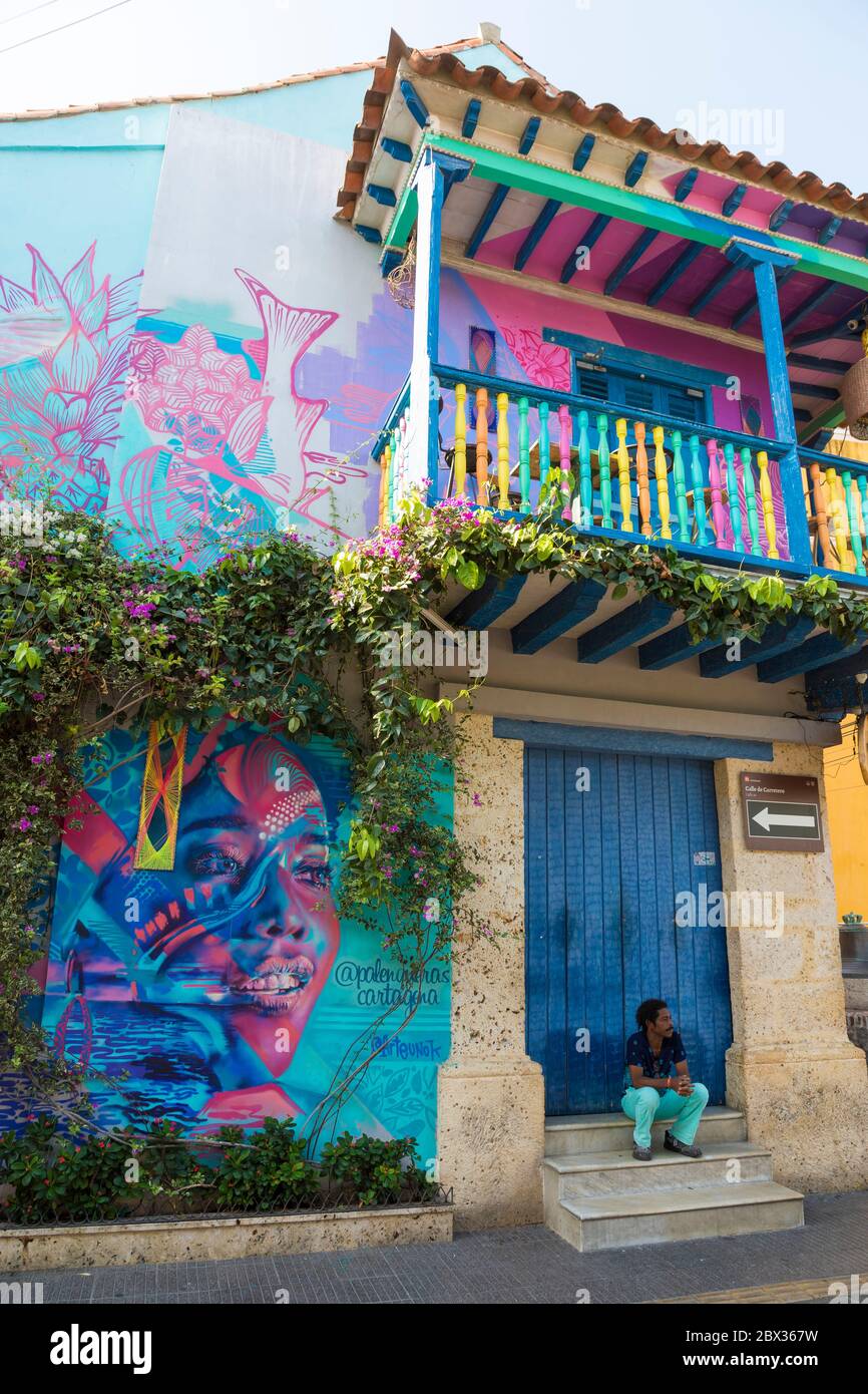 Kolumbien, Bolivar Department, Cartagena de Indias, historisches Zentrum als Weltkulturerbe der UNESCO, Getsemani Bezirk, del Pozo Straße Stockfoto