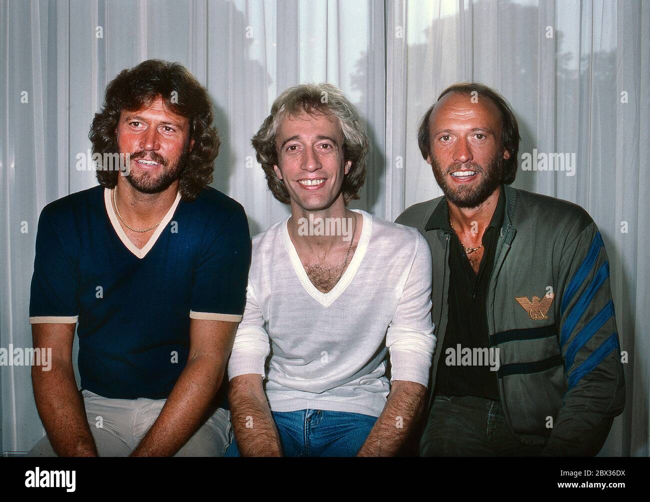 Die Bee Gees werben für ihren "staying Alive"-Soundtrack in London 1983 Stockfoto