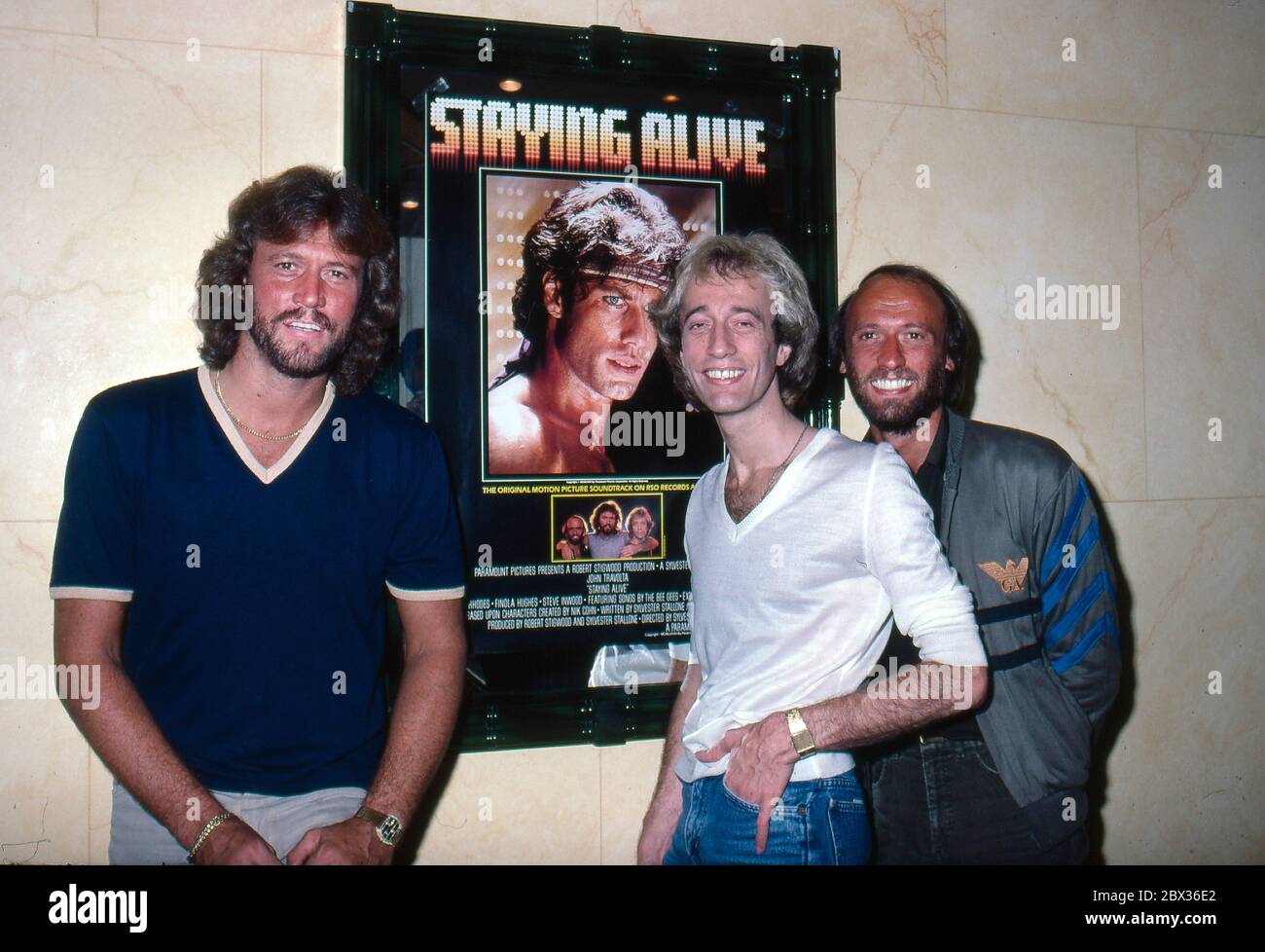 Die Bee Gees werben für ihren "staying Alive"-Soundtrack in London 1983 Stockfoto