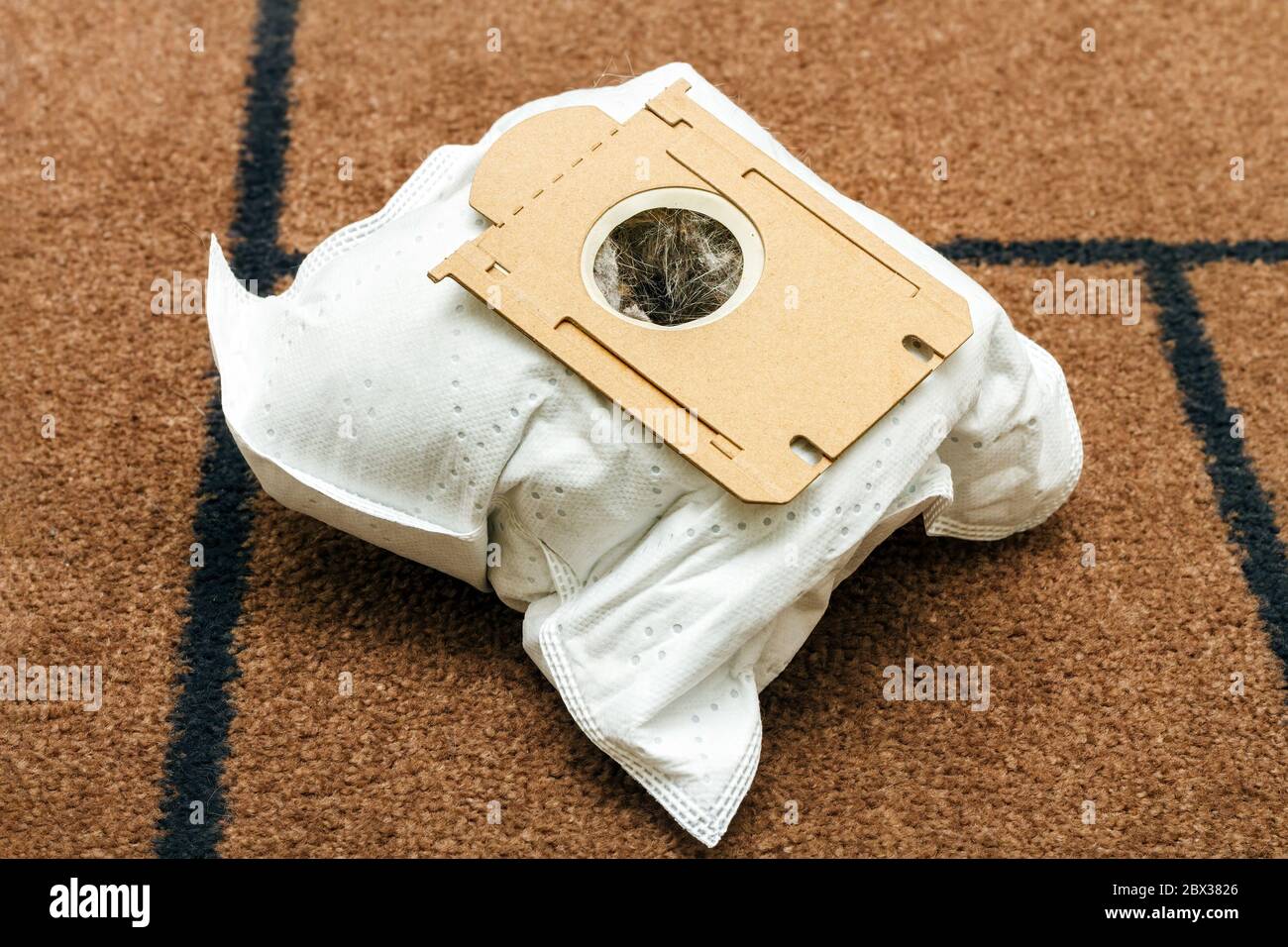 Gebrauchte Staubsaugerbeutel voller Staub und Tierhaare auf braunem Mattenhintergrund. Stockfoto