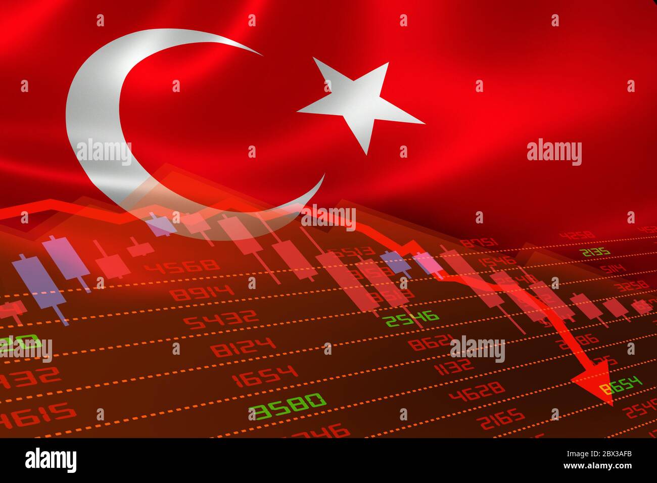 Die Türkei hat einen wirtschaftlichen Abschwung erlebt, wobei der Aktienmarkt die Aktientabelle nach unten und im roten negativen Bereich zeigt. Geschäfts- und Finanzgeldmarktkrise Stockfoto