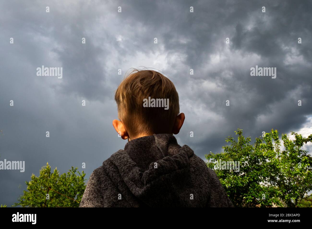 Der kleine blonde Kaukasusjunge in einer grauen Jacke mit Kapuze sieht einen stürmischen Himmel über dem Garten an Stockfoto