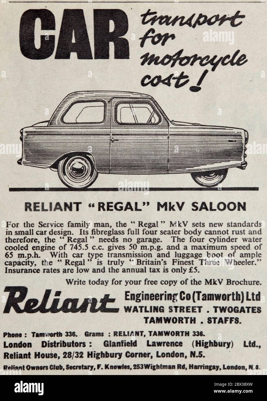 Vintage-Werbung für die britische Reliant Regal drei Rädern Limousine Auto. Stockfoto