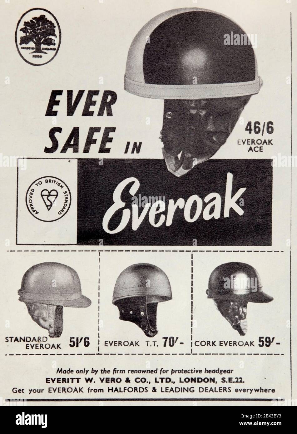 Vintage-Werbung für britische Everoak Crashhelme. Stockfoto