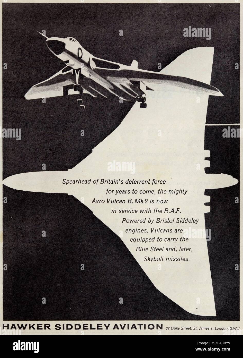 Vintage-Werbung für den britischen Avro Vulcan B Mk 2 strategischen Bomber. Stockfoto