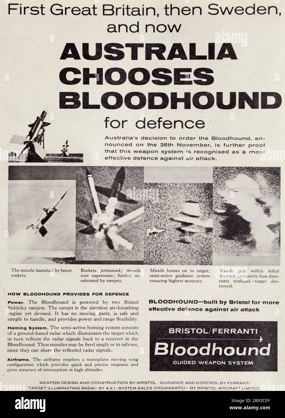 Vintage-Werbung für die britische Bristol Bloodhound Oberfläche zu Luft Rakete. Stockfoto