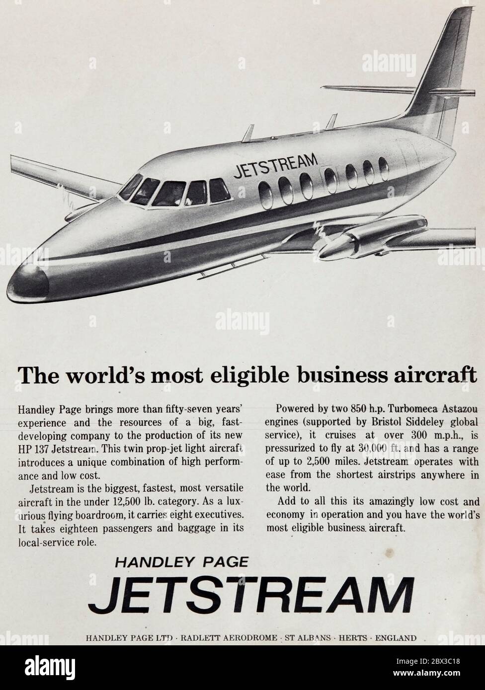 Vintage-Werbung für die britische Handley Page Jetsream Zivilflugzeuge. Stockfoto