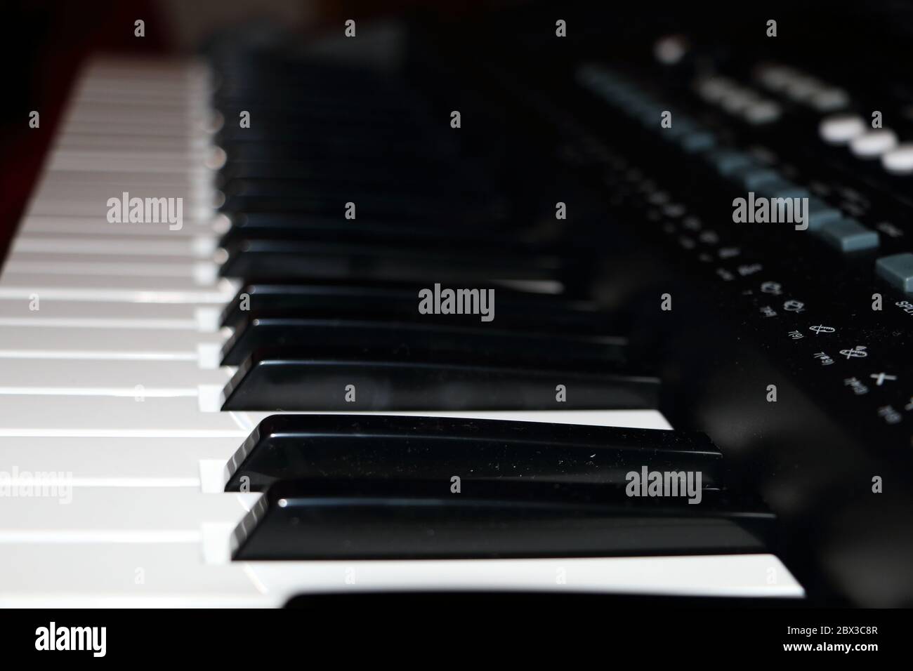 Die Tasten einer Musiktastatur schossen aus der Nähe Stockfoto