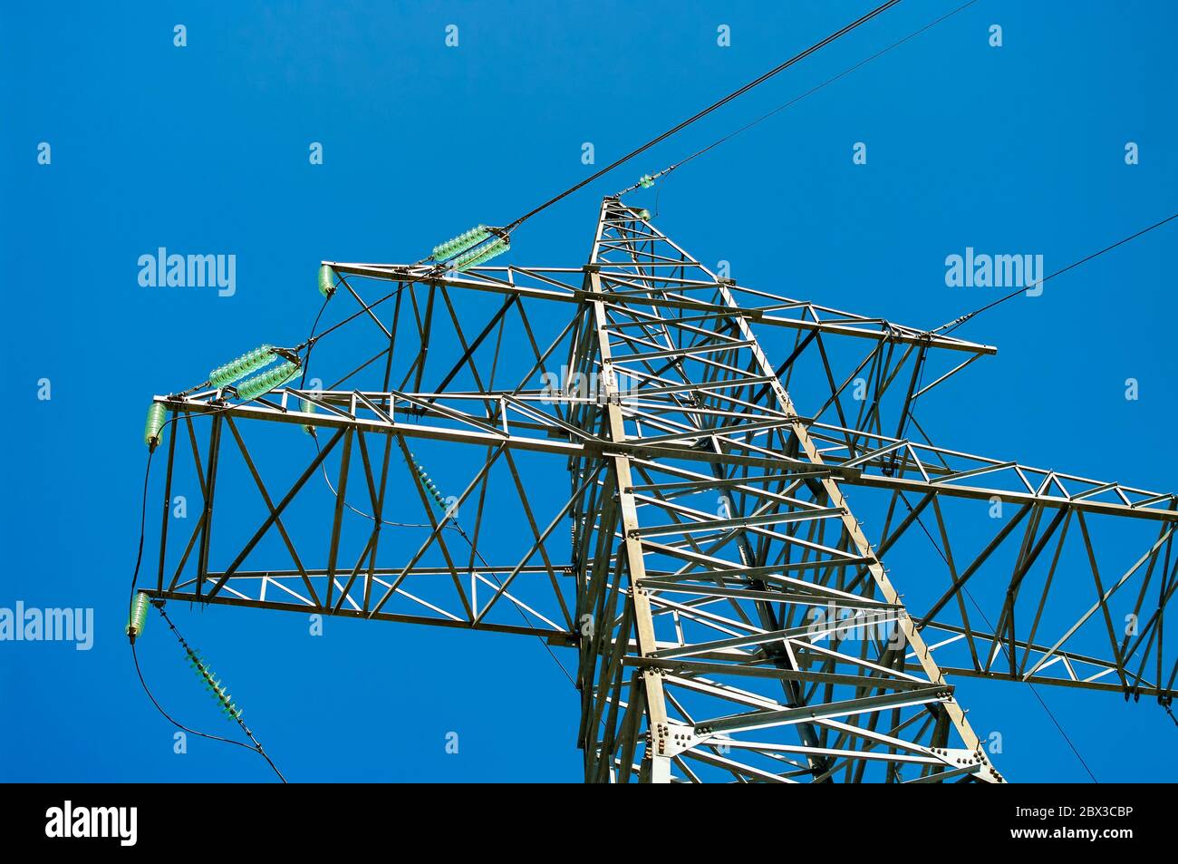 Hochspannungs-Sendebelst gegen blauen Himmel, Sonne und grüne Äste. Nahaufnahme Stockfoto