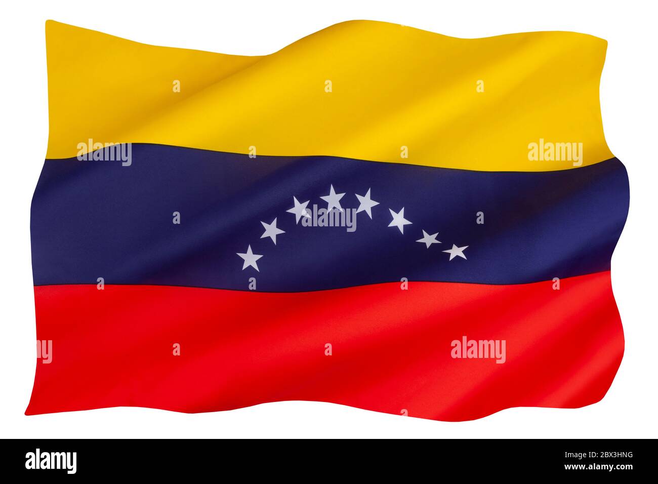 Die aktuellen 8 Sterne auf der Flagge Venezuelas wurden 2006 hinzugefügt. Die grundlegende Dreifarbe von Gelb, Blau und Rot stammt aus der ursprünglichen Flagge, die in eingeführt wurde Stockfoto
