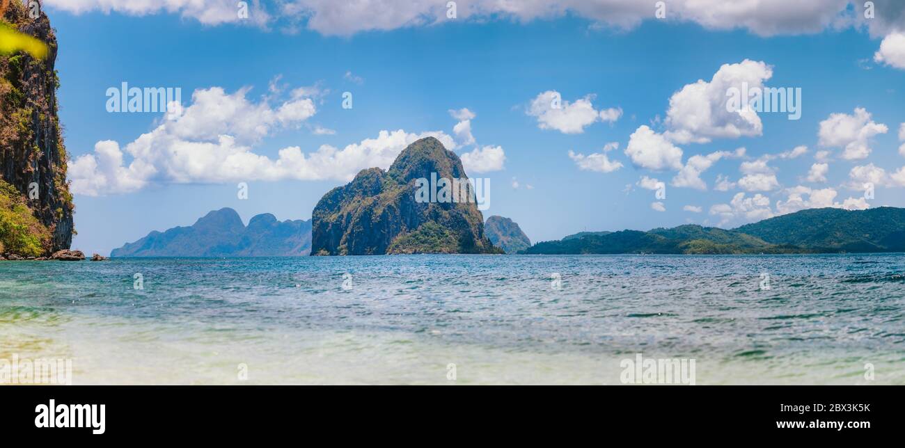 Panorama-Weitblick auf Pinagbuyutan Insel, El Nido Palawan, Bacuit Archipel, Philippinen Stockfoto