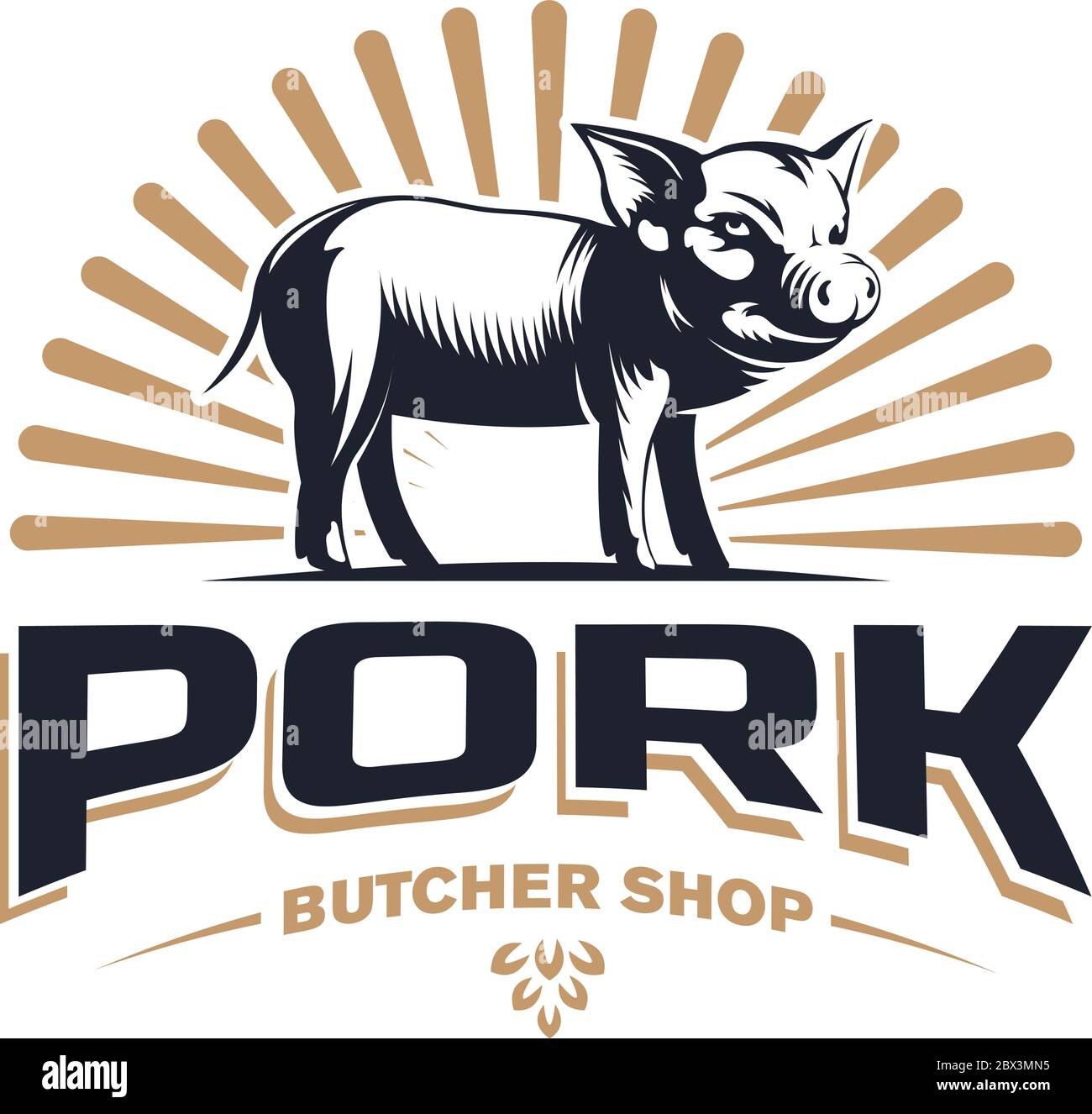 Metzgerei Vintage Logo Design Vorlage mit Schweinefleisch oder Schwein Silhouette isoliert auf weißem Hintergrund - Hand gezeichnete Vektor-Illustration im Retro-Stil. Los Stock Vektor