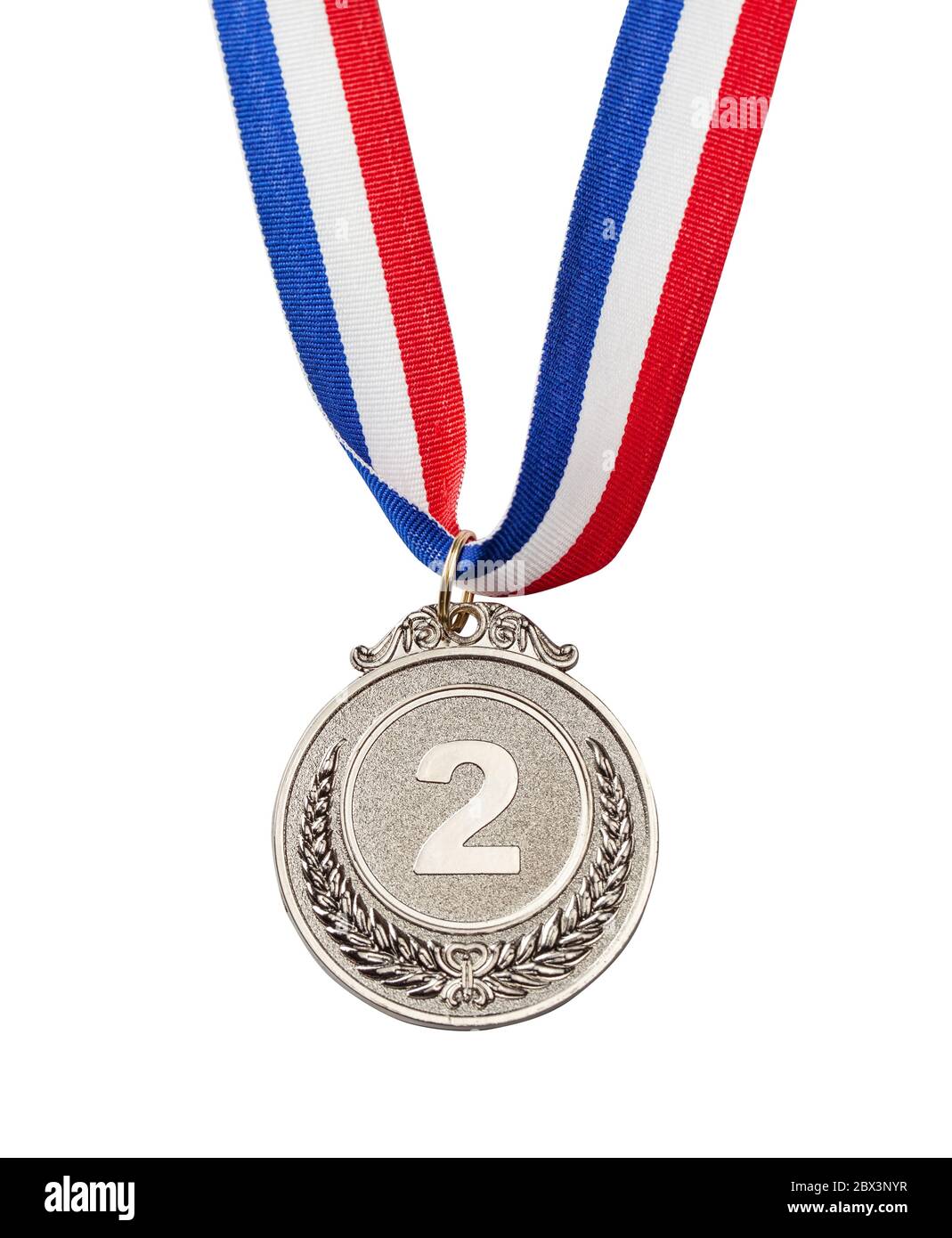 Silbermedaille für den zweiten Platz. Silber Award mit der Nummer zwei. Isoliert auf weißem Hintergrund. Stockfoto