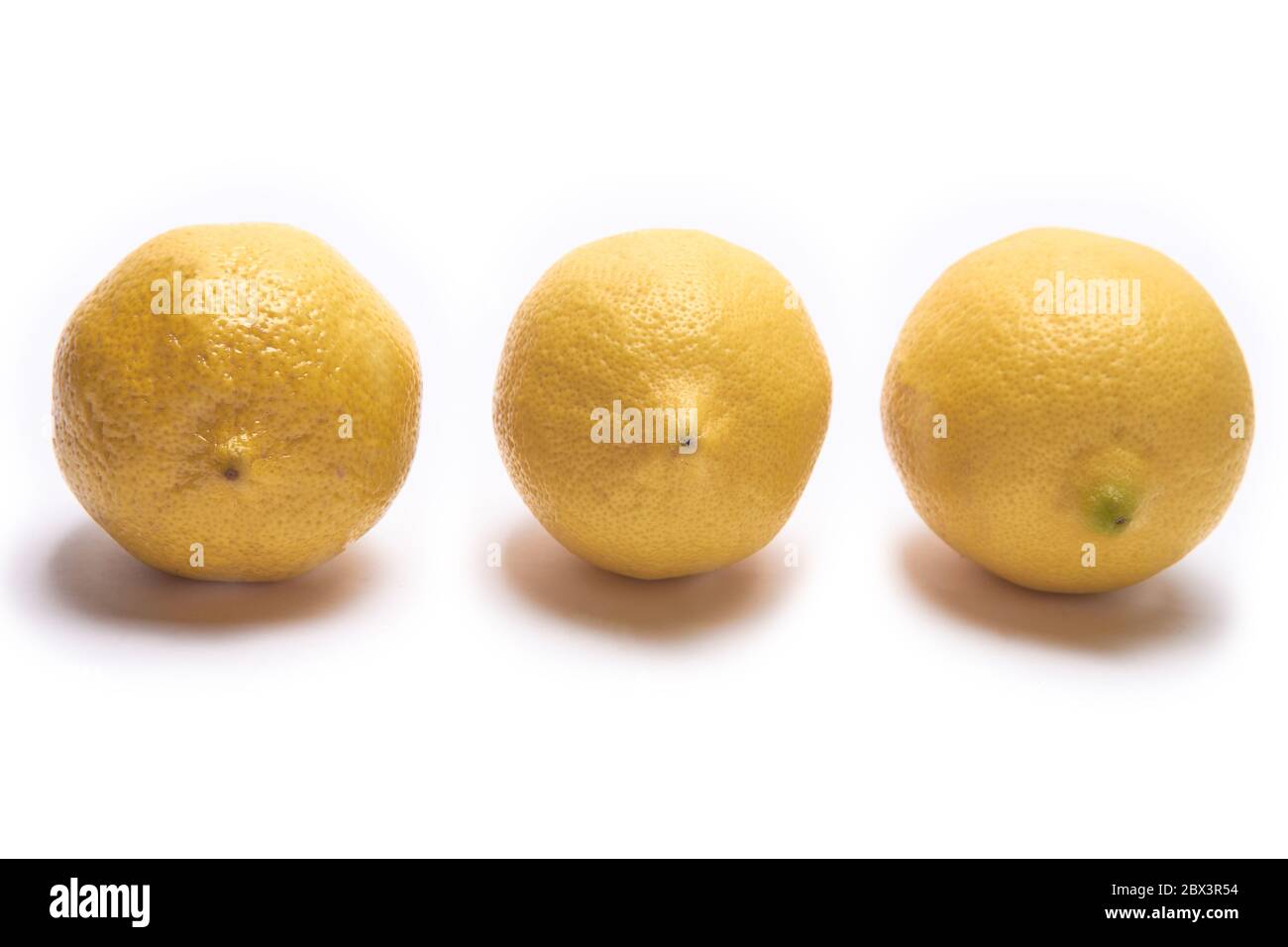 Drei Zitronen auf weißem Hintergrund in der Mitte Stockfoto