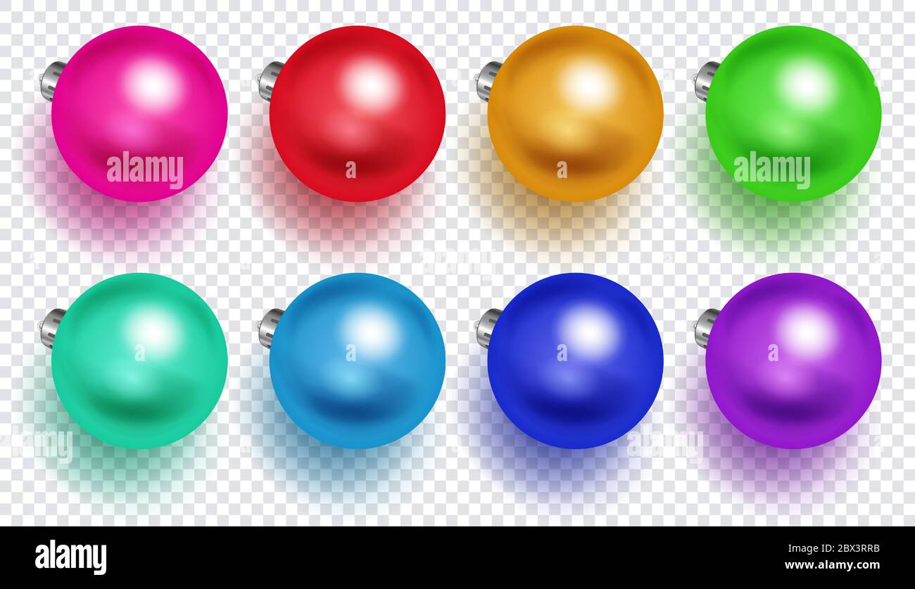 Set von bunten Weihnachtskugeln mit weichen Schatten, isoliert auf transparentem Hintergrund Stock Vektor