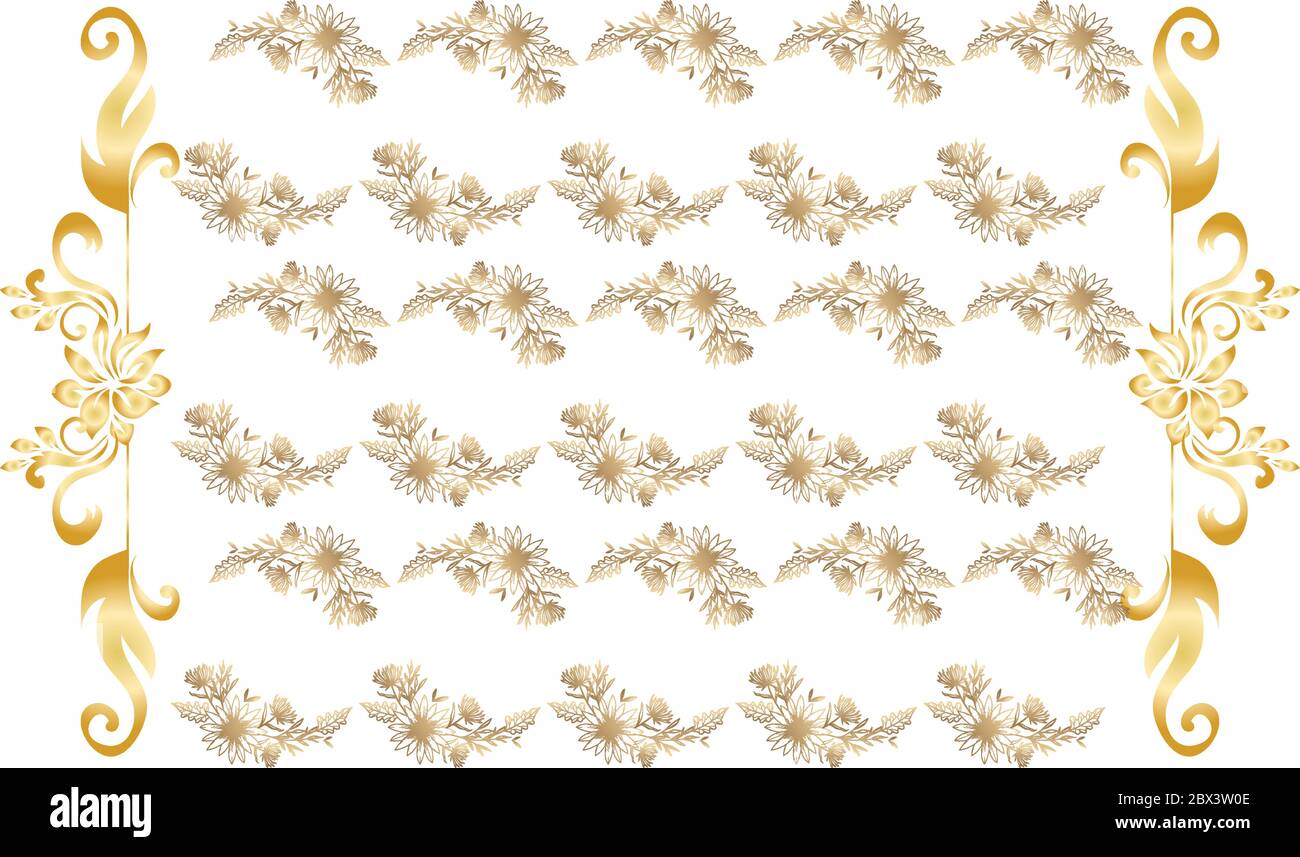 Digitales Textildesign aus abstrakten Goldblättern mit Bordüren Stock Vektor