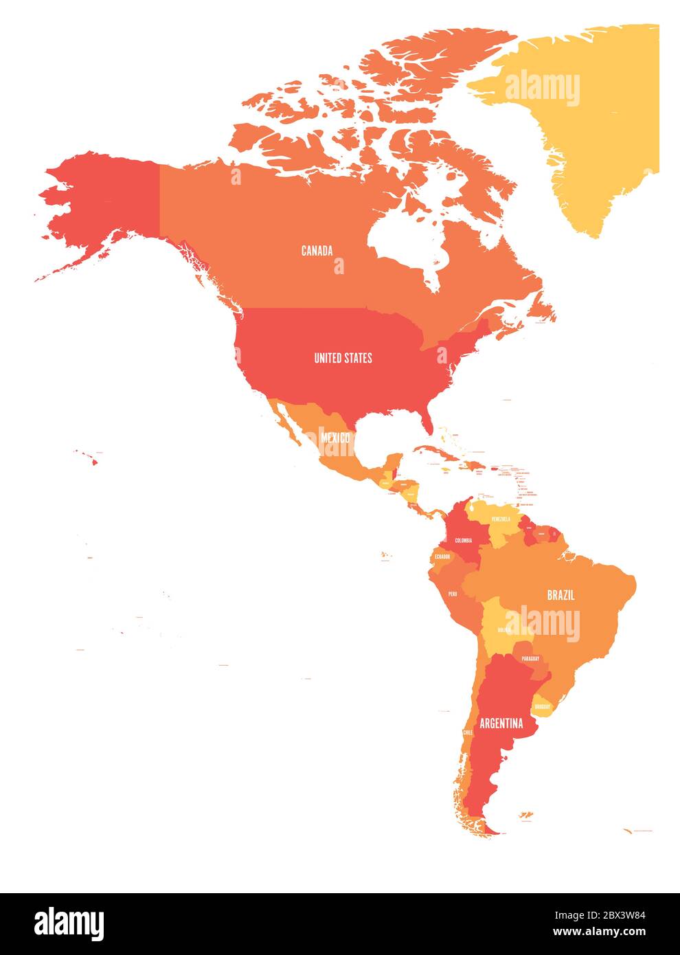 Politische Karte von Amerika in vier Schattierungen von Orange. Nord- und Südamerika mit Länderkennzeichnungen. Einfache flache Vektorgrafik. Stock Vektor