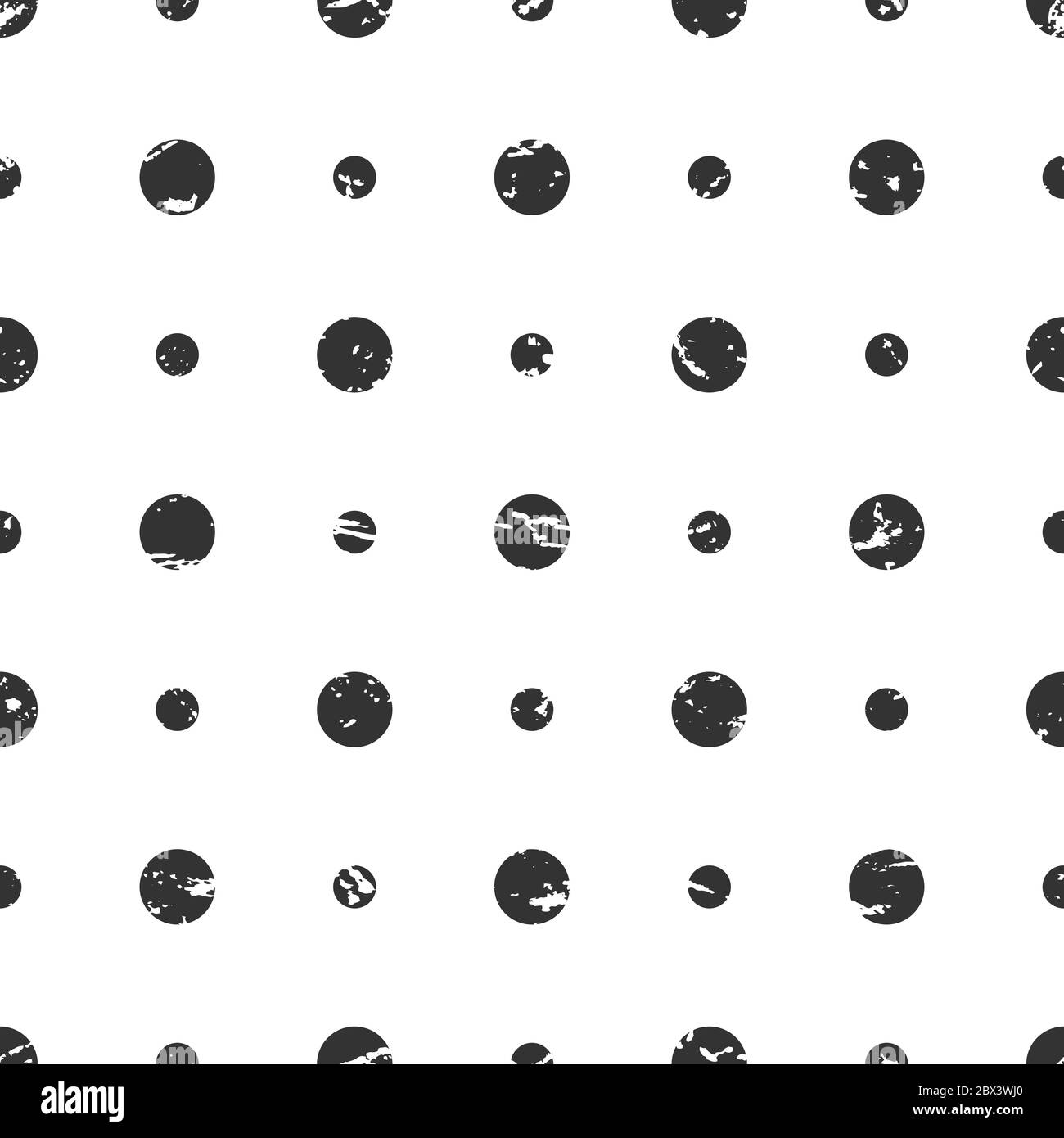 Nahtlose abstrakte gesprenkelte Muster mit schwarzen schäbigen Flecken auf weißem Hintergrund. Hand gezeichnete Blasen. Geometrische Vektorstruktur mit Trümmerpartikeln. Stock Vektor