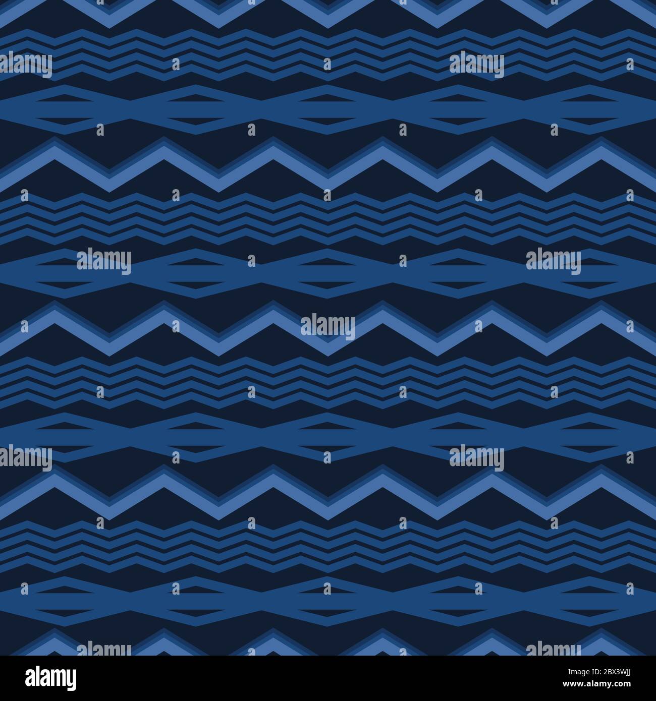 Indigo Denim Blau Chevron Stripe Textur Hintergrund. Ethnisches Geometrisches Nahtloses Muster. Wellige Linien für Kelim Edge Japanisches Farbdesign Maskuliner Textil Stock Vektor