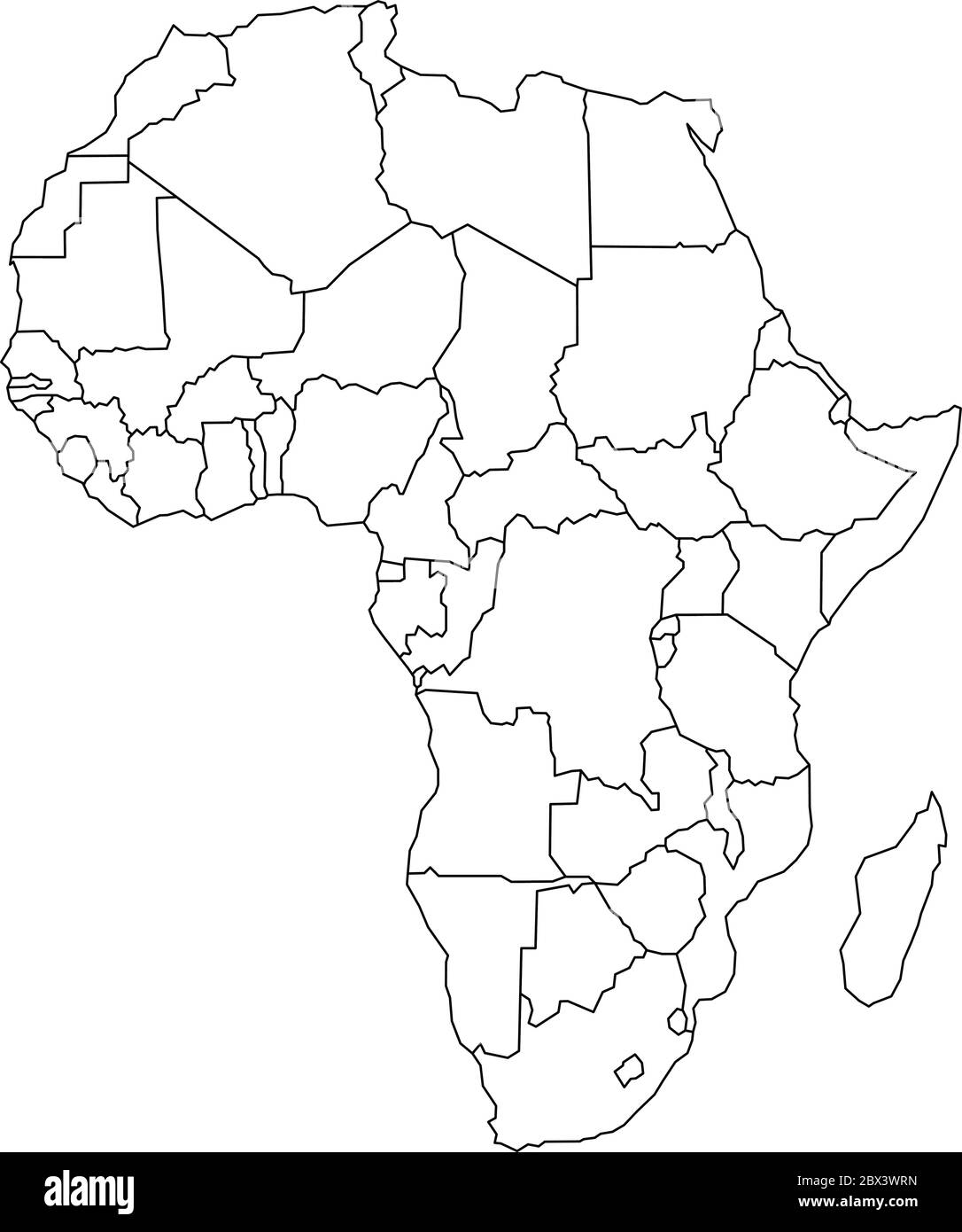 Karte des Kontinents Arfica. Einfache schwarze Drahtrahmen-Umriss mit nationalen Grenzen auf weißem Hintergrund. Vektorgrafik. Stock Vektor
