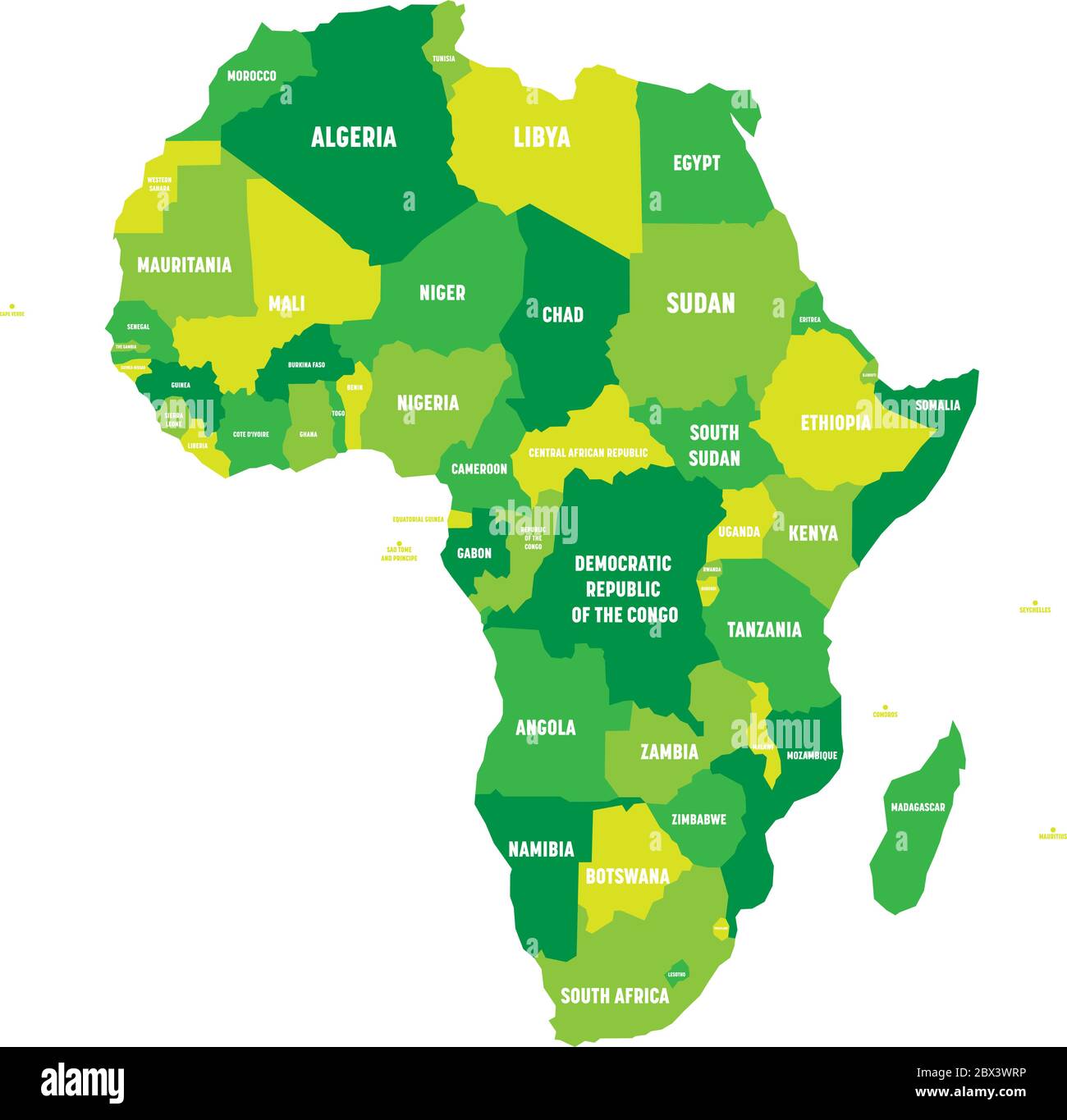 Politische Karte von Afrika in vier Grüntönen mit weißen auf weißem