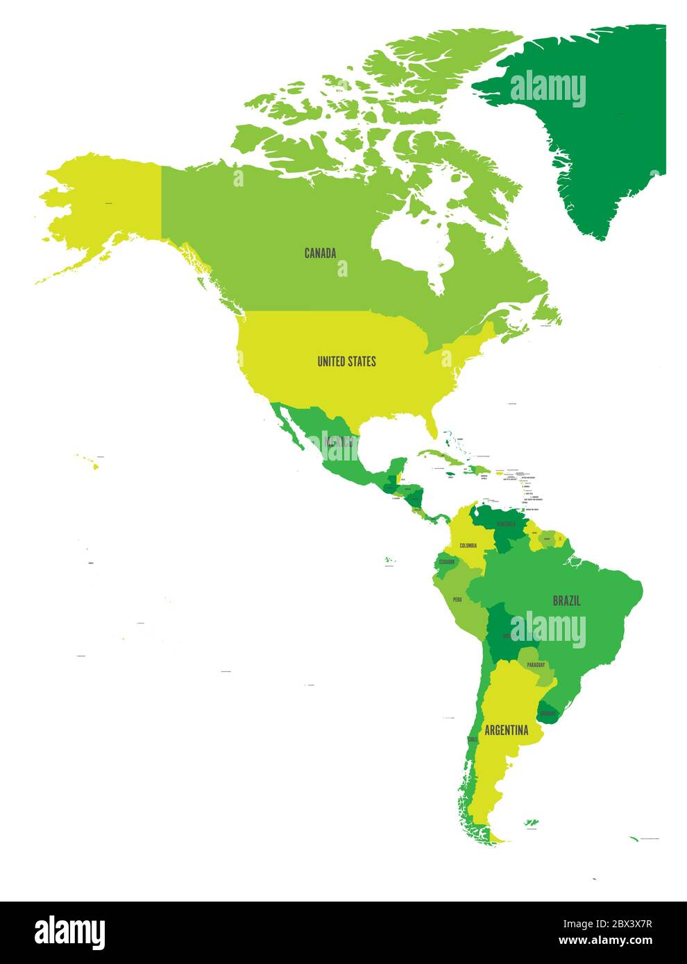 Politische Karte von Amerika in vier Grüntönen auf weißem Hintergrund. Nord- und Südamerika mit Länderkennzeichnungen. Einfache flache Vektorgrafik. Stock Vektor