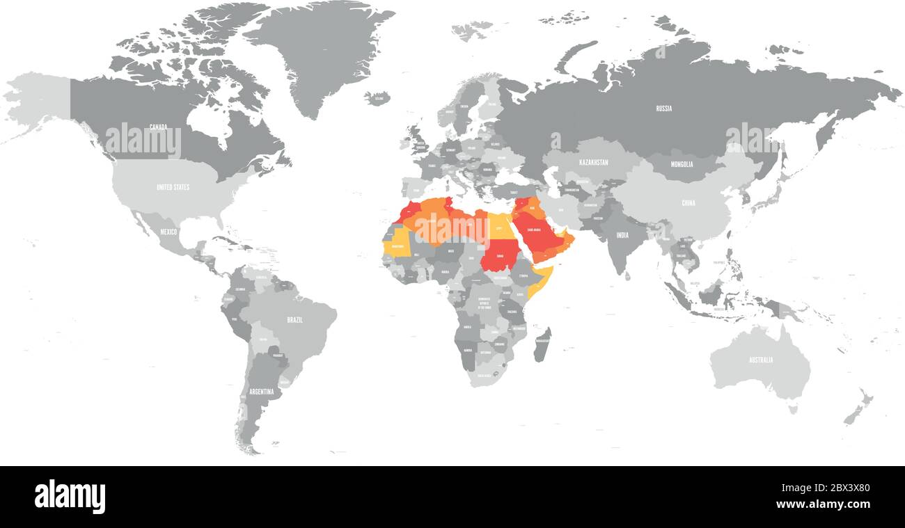 Arabische Welt Staaten politische Karte mit erhellten 22 arabischsprachigen Ländern der Arabischen Liga in der Karte der Welt. Nordafrika und Naher Osten. Vektorgrafik. Stock Vektor