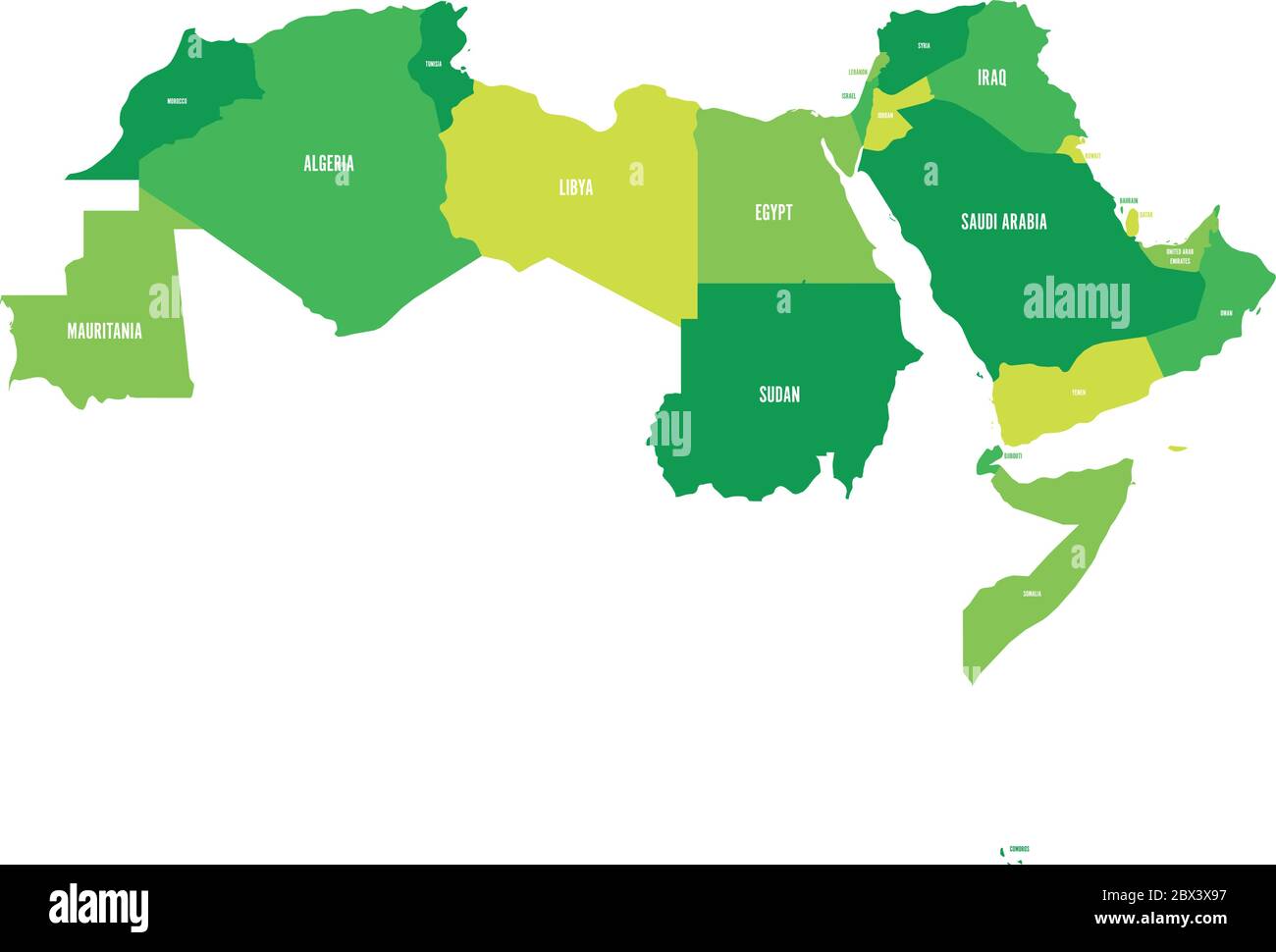 Staaten der arabischen Welt. Politische Karte von 22 arabischsprachigen Ländern der Arabischen Liga. Nordafrika und Naher Osten. Vektorgrafik. Stock Vektor
