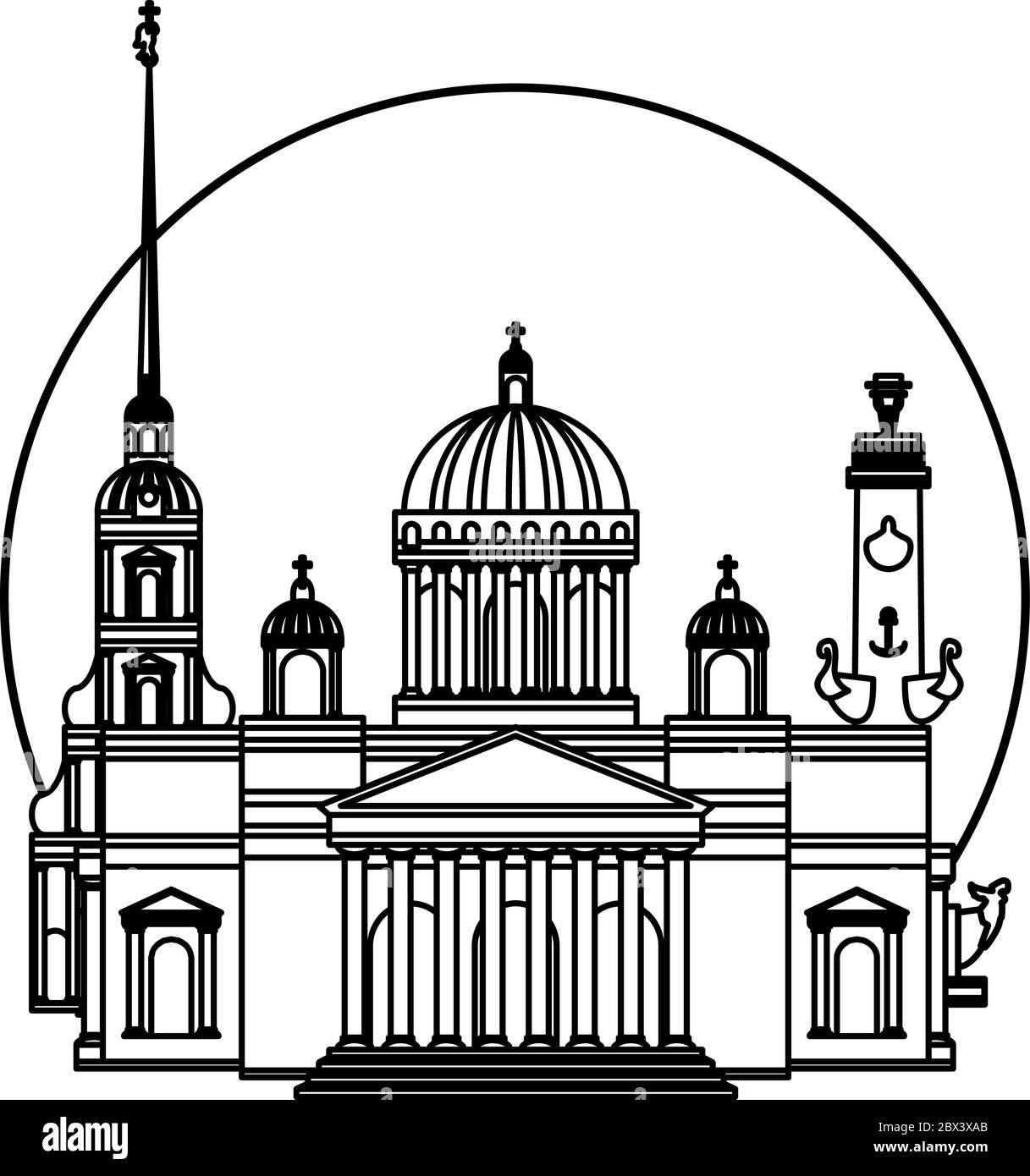 Sankt Petersburg schwarze Kontur skizzieren Stadtbild. Vektor für Reise-Infografiken eingestellt. Perfekt für den Druck auf T-Shirts, Tassen, Mützen, Logos, masco Stock Vektor