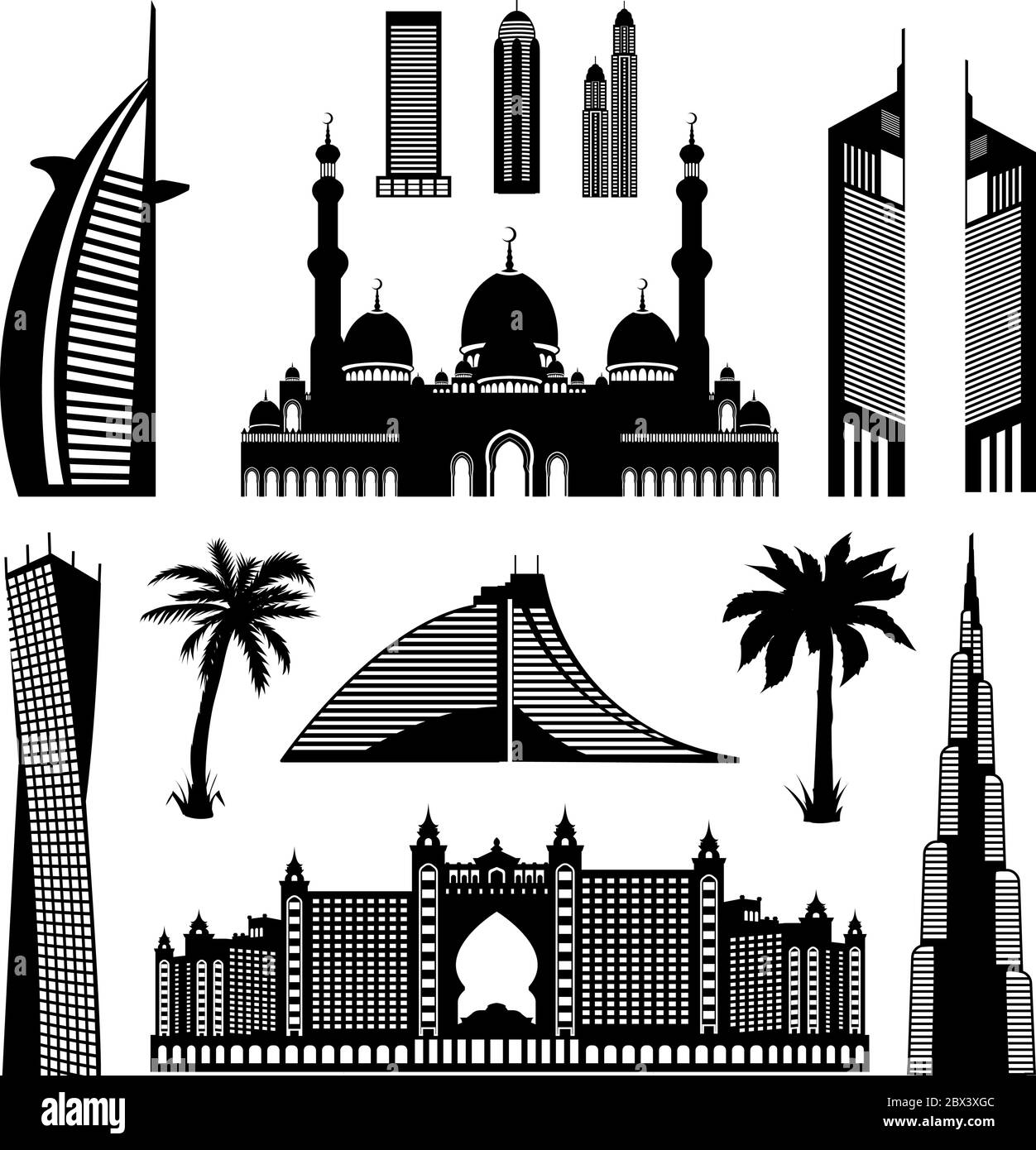 Vereinigte Arabische Emirate Dubai architektonische Denkmäler gesetzt, Abu Dhabi Wahrzeichen detaillierte Umrisse Silhouette. Vektorgrafik isoliert auf weiß. Perfekte Stock Vektor