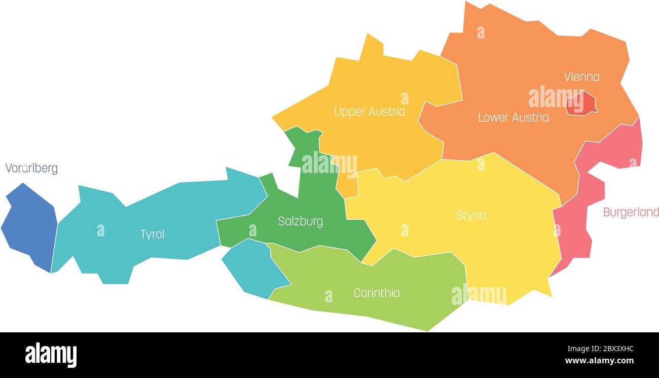 Bundesstaaten Österreichs. Karte der regionalen Landesverwaltungsbereiche. Farbenfrohe Vektorgrafik. Stock Vektor