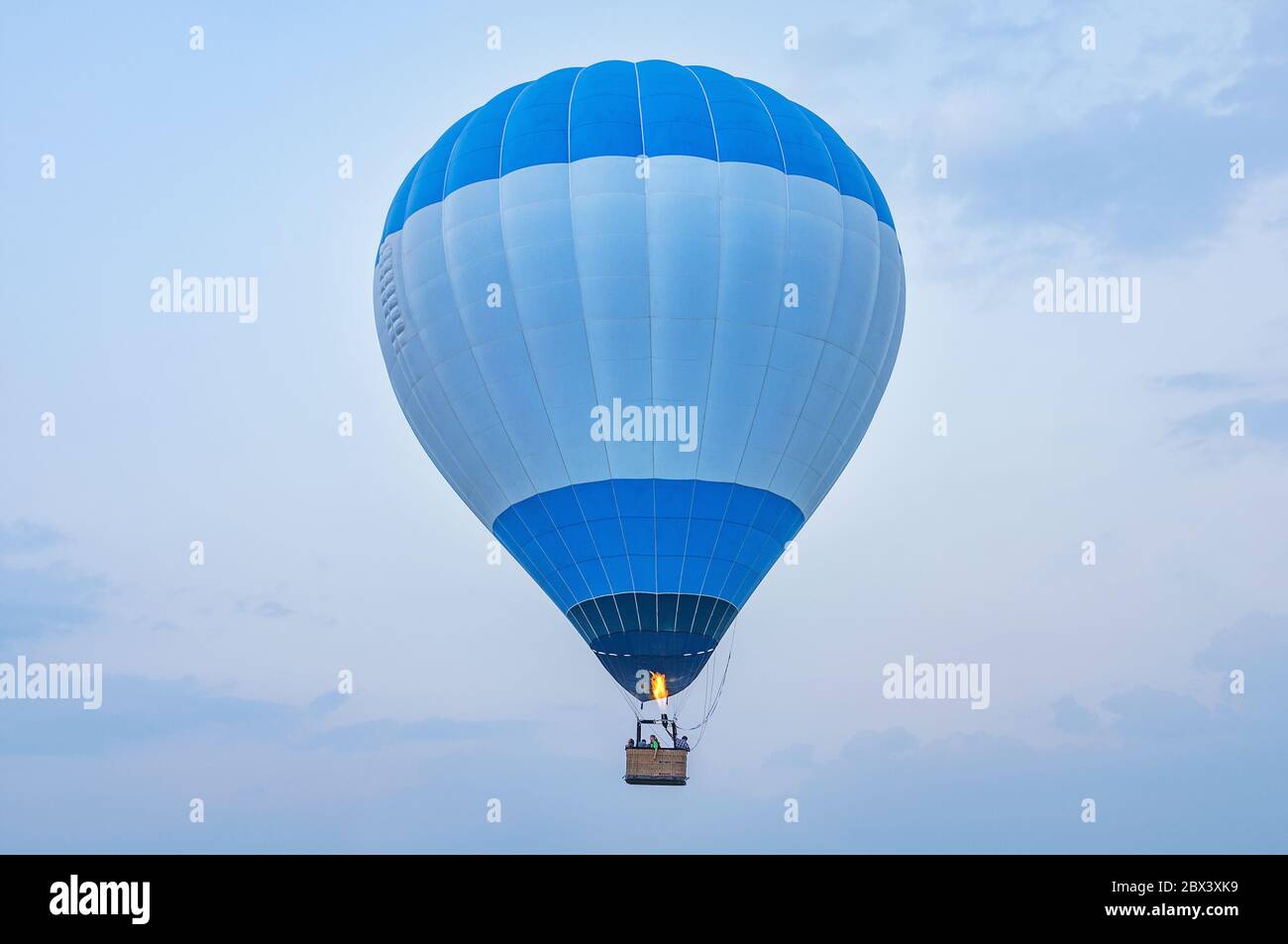 Blauer Heißluftballon über dem Land. Stockfoto