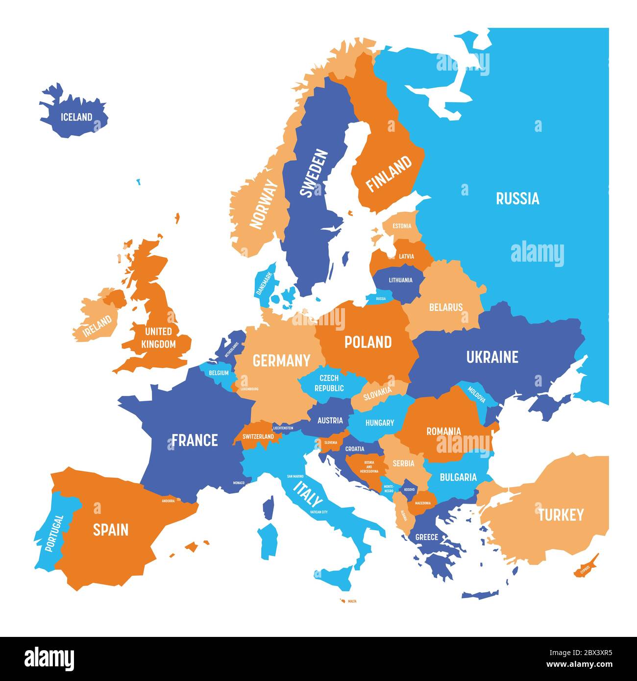 Politische Karte des europäischen Kontinents in vier Farben mit weißen Ländernamen-Etiketten und isoliert auf weißem Hintergrund. Vektorgrafik. Stock Vektor
