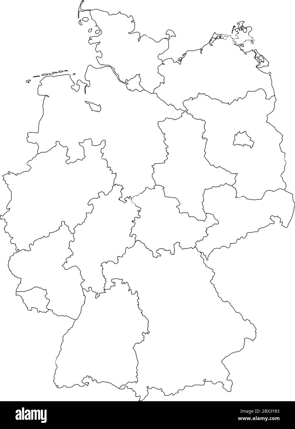 Karte von Deutschland aufgeteilt in 13 Bundesländer und 3 Stadtstaaten - Berlin, Bremen und Hamburg, Europa. Einfache flache weiße Vektorkarte mit schwarzen Umrissen. Stock Vektor