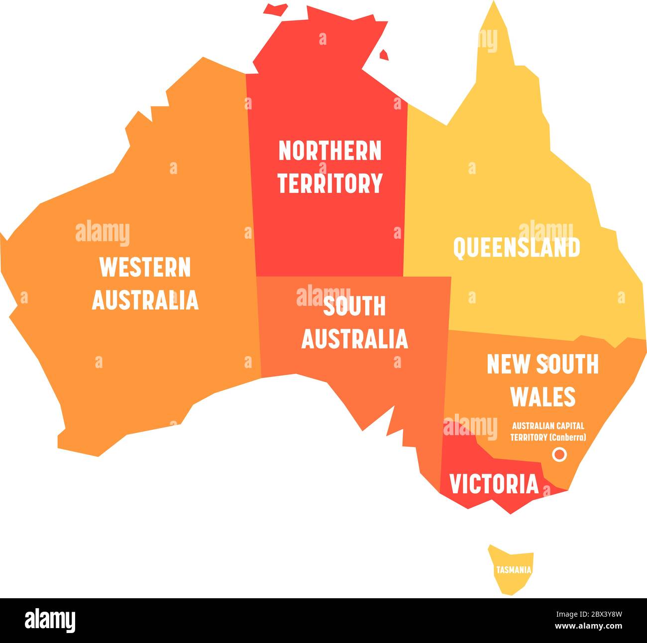 Vereinfachte Karte von Australien in Staaten und Territorien unterteilt. Orangefarbene flache Karte mit weißen Etiketten. Vektorgrafik. Stock Vektor