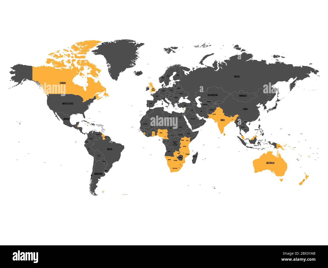 Mitgliedstaaten des British Commonwealth sind auf der Weltkarte orange hervorgehoben. Vektorgrafik. Stock Vektor