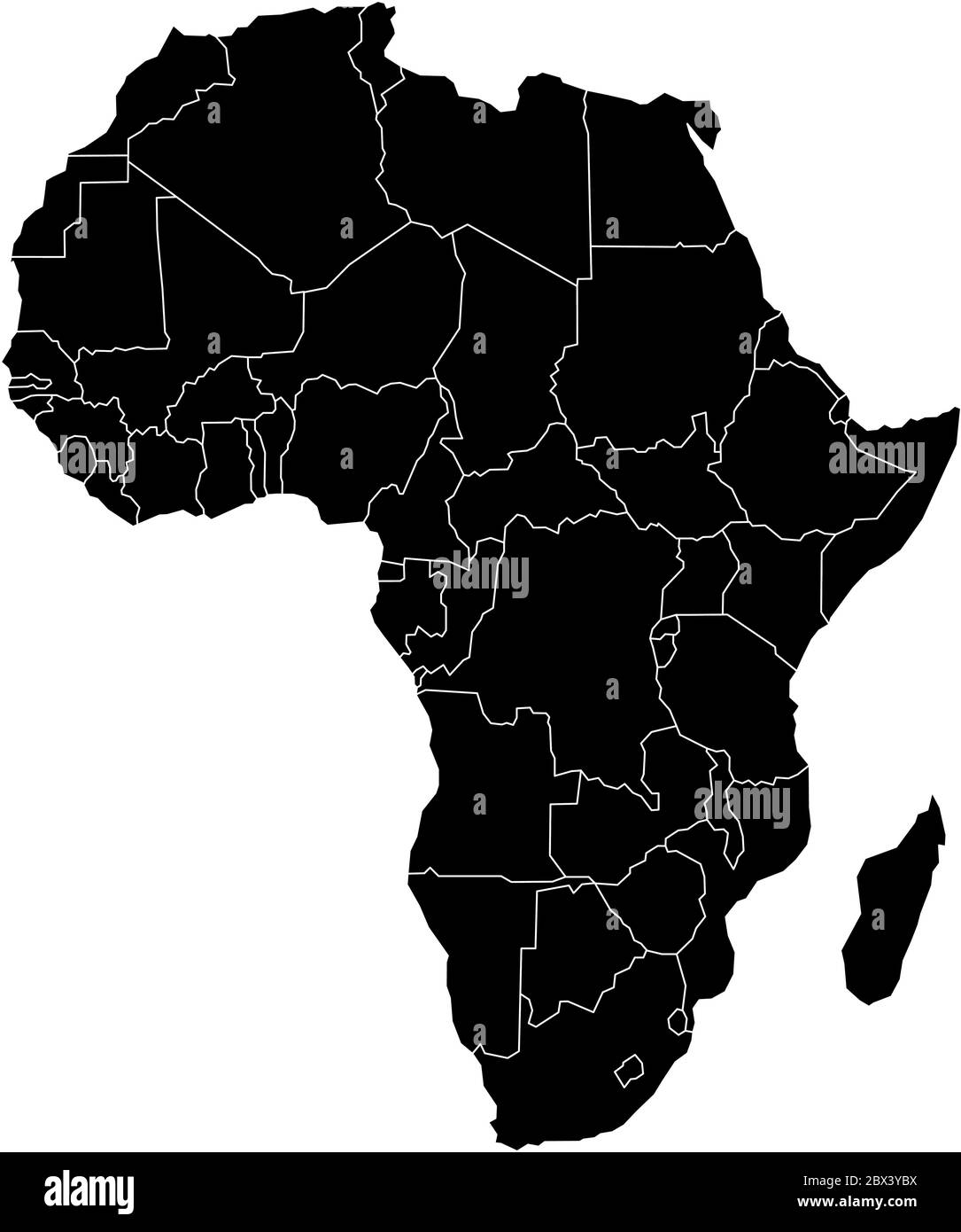 Einfache flache schwarze Karte des afrikanischen Kontinents mit isolierten Landesgrenzen auf weißem Hintergrund. Vektorgrafik. Stock Vektor