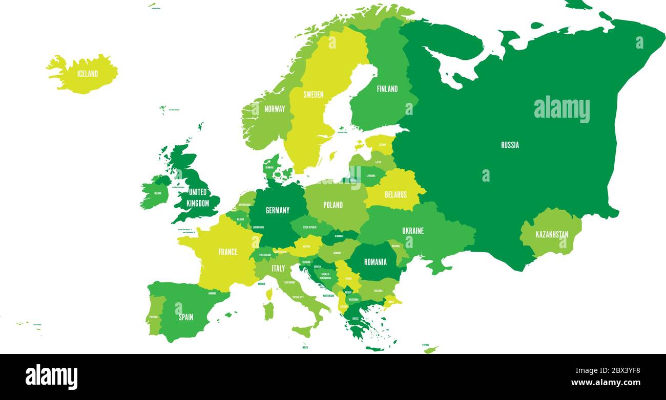 Politische Karte des europäischen Kontinents in vier Grüntönen mit weißen Ländernamen-Etiketten und isoliert auf weißem Hintergrund. Vektorgrafik. Stock Vektor