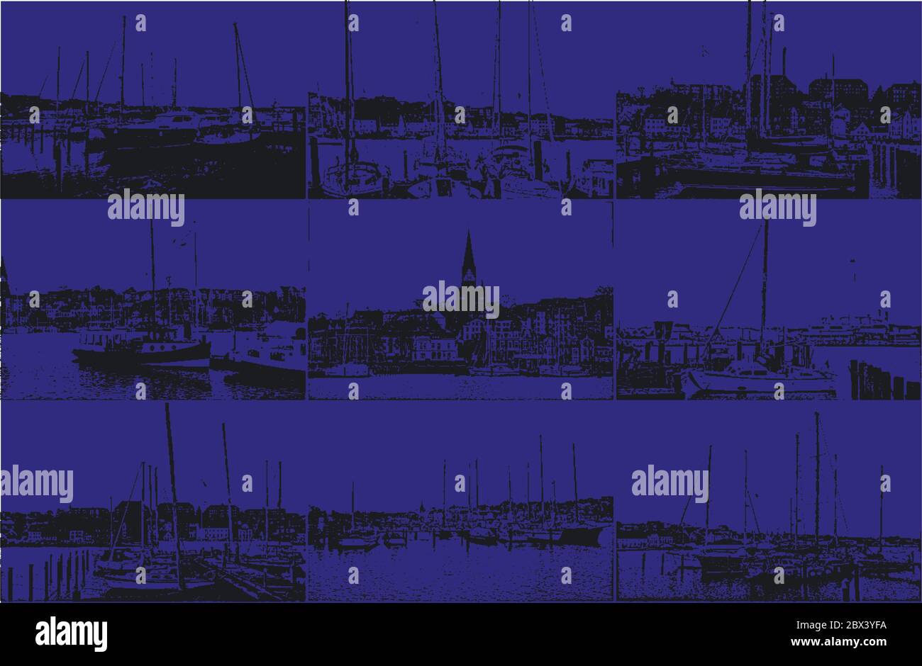 Liegeplatz für Yachten und Boote im Seehafen. Die Ozeanyachten sind sicher an der Pier des Passagierterminals des Hafens festgemacht. Vintage Hand gezeichnet V Stock Vektor