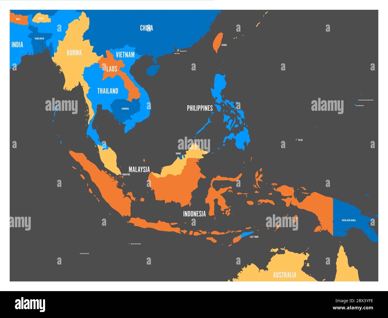 Politische Karte Südostasiens in vier Farben mit weißen Ländernamen. Einfache flache Vektorgrafik. Stock Vektor