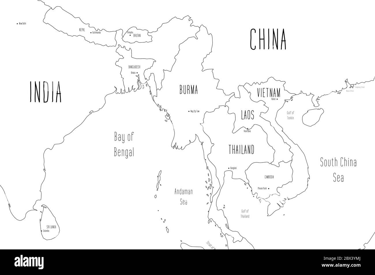 Karte der Indochinesischen Halbinsel. Handgezeichneter Doodle-Stil. Vektorgrafik. Stock Vektor