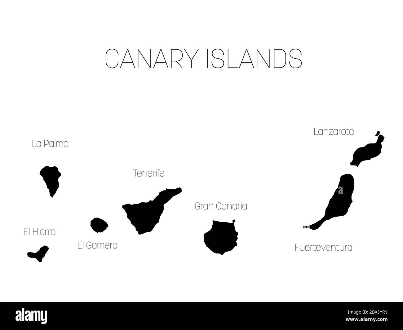 Karte der Kanarischen Inseln, Spanien, mit Etiketten von jeder Insel - El Hierro, La Palma, La Gomera, Teneriffa, Gran Canaria, Fuerteventura und Lanzarote. Schwarze Vektor Silhouette auf weißem Hintergrund. Stock Vektor