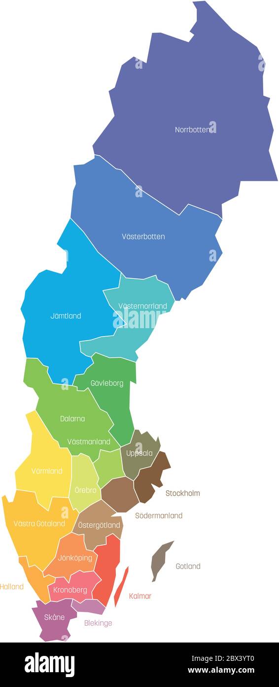 Grafschaften von Schweden. Karte der regionalen Landesverwaltungsbereiche. Farbenfrohe Vektorgrafik. Stock Vektor