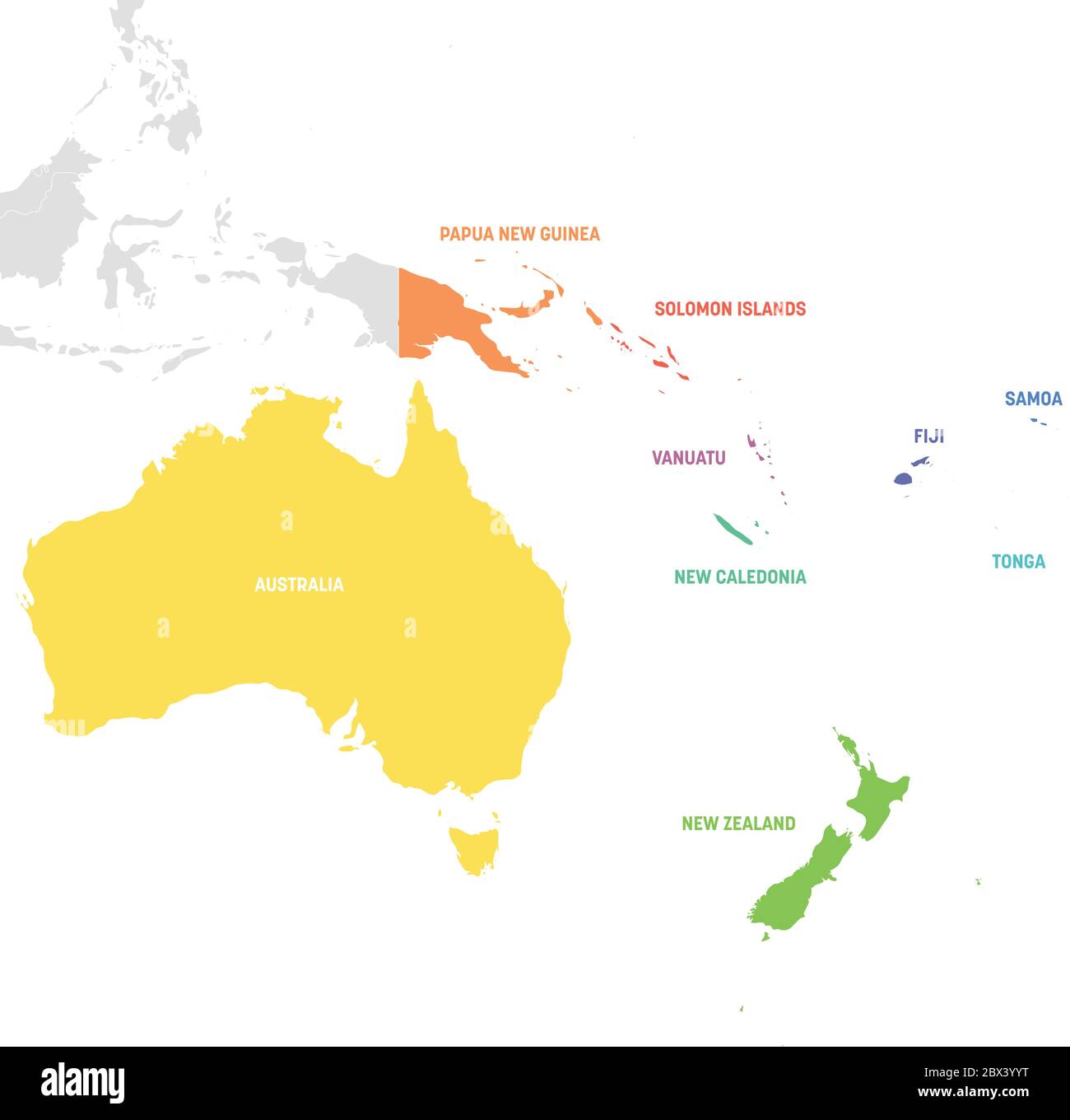 Australien und Ozeanien. Bunte Karte der Länder im Südpazifik. Vektorgrafik. Stock Vektor