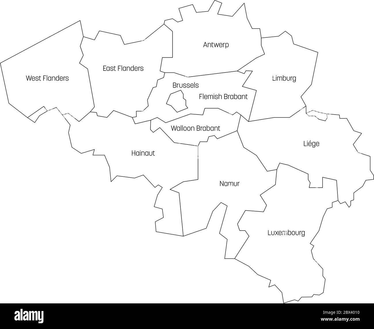Belgien. Karte der regionalen Landesverwaltungsbereiche. Farbenfrohe Vektorgrafik. Stock Vektor