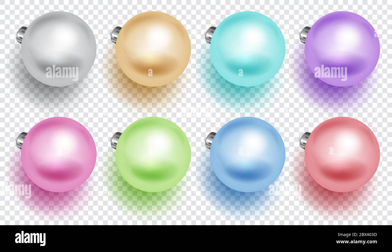Set von bunten Weihnachtskugeln mit weichen Schatten, isoliert auf transparentem Hintergrund Stock Vektor