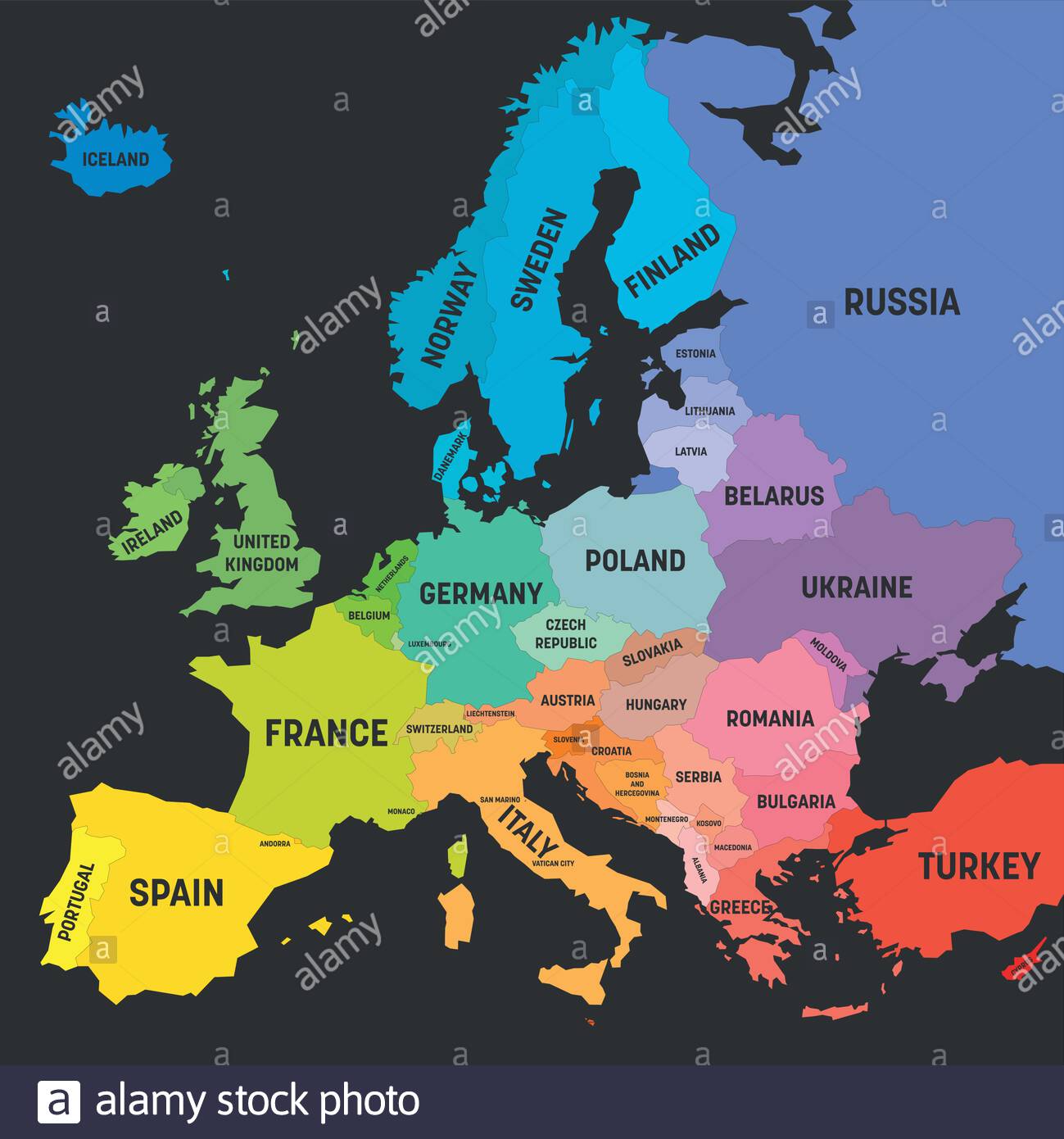 Karte Von Europa In Farben Des Regenbogenspektrums Mit Europaischen Landernamen Stock Vektorgrafik Alamy